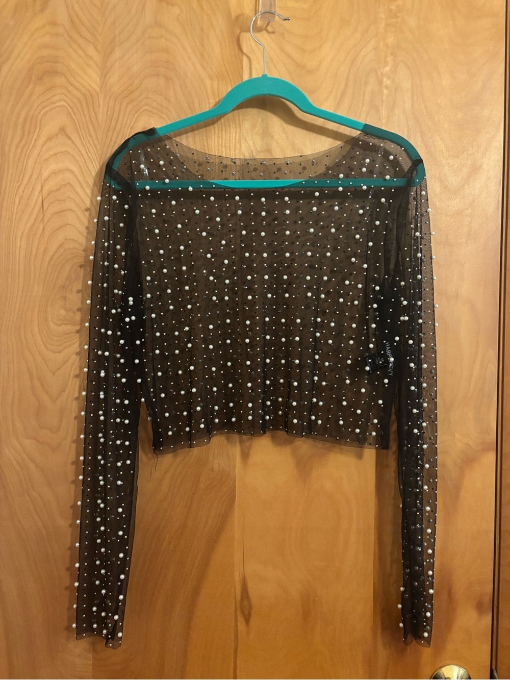 Harper & Ivy Black Sheer Long-Sleeve Pearl-Studded Top